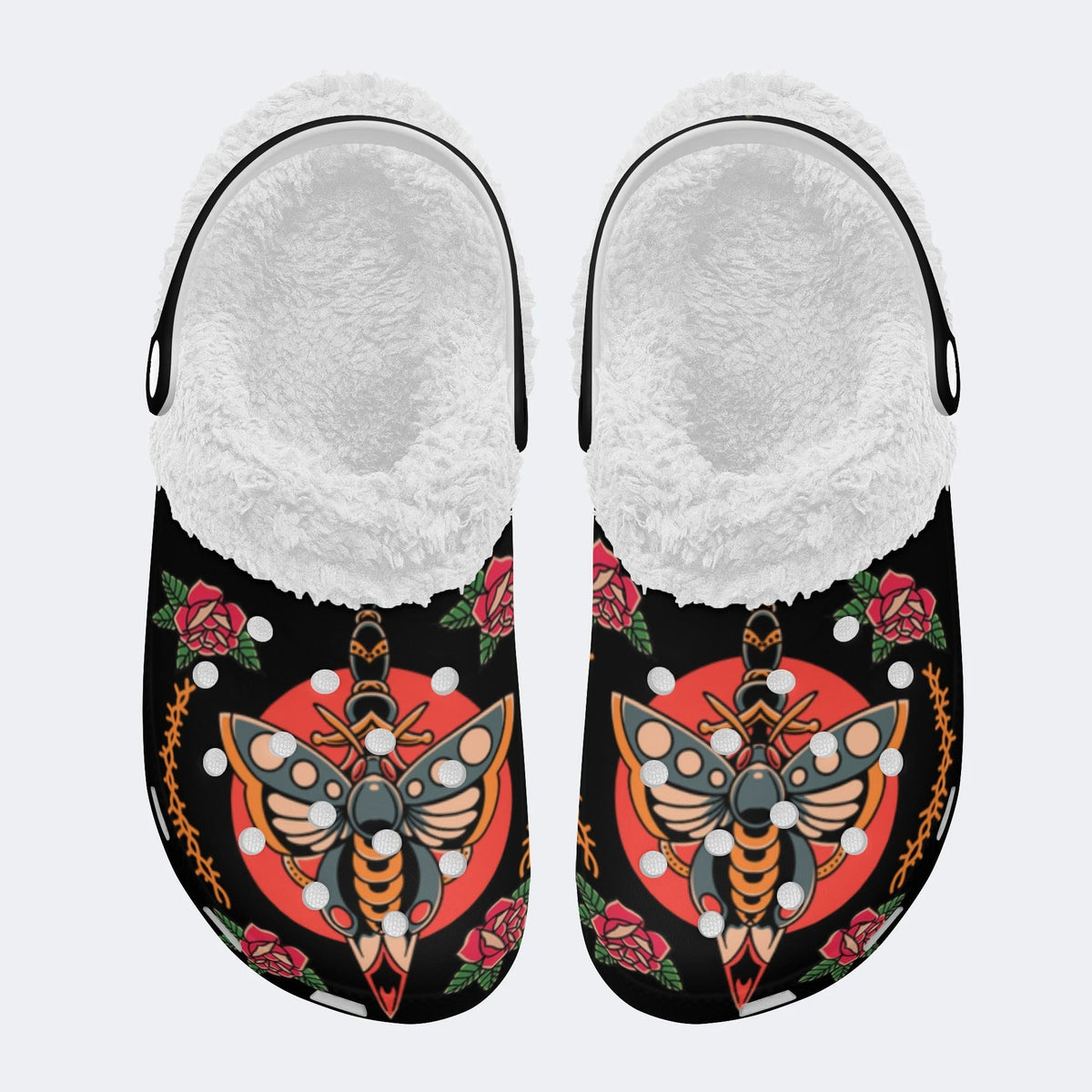 Old School Death Moth Dagger Print - Fur Lined Slippers/Sandals