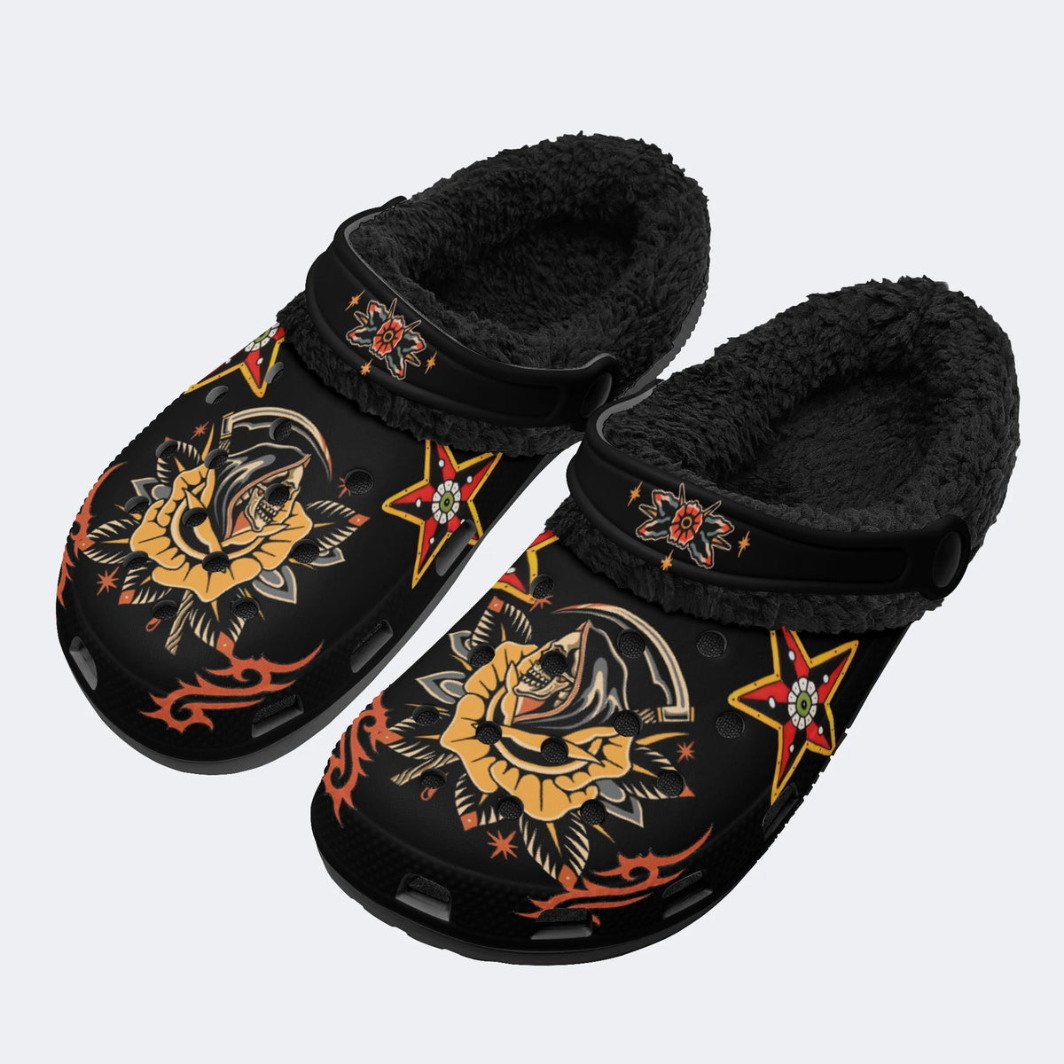 Grim Reaper Flowers Print - Removable Fur Lined Slippers/Sandals