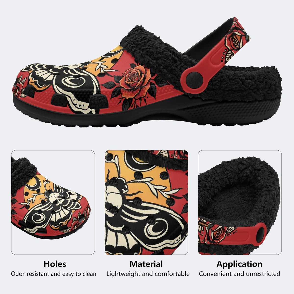 Old School Moth Rose - Fur Lined Slippers/Sandals