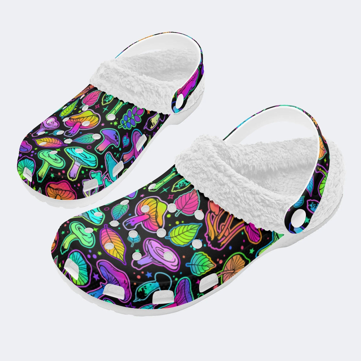 Psychedelic Colors Mushrooms Print - Fur Lined Slippers/Sandals