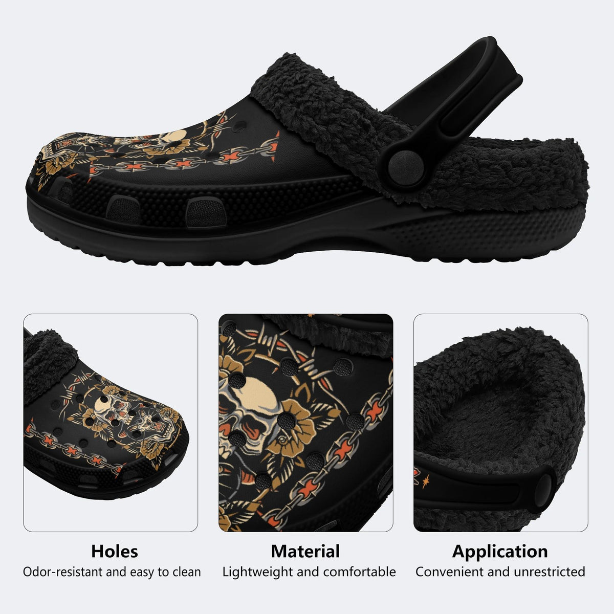 Traditional Skull & Panther Print - Removable Fur Lined Slippers/Sandals