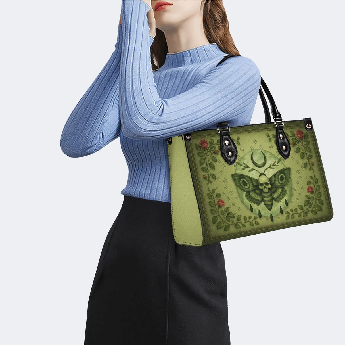 Green Death Moth Floral Print - Leather Handbag