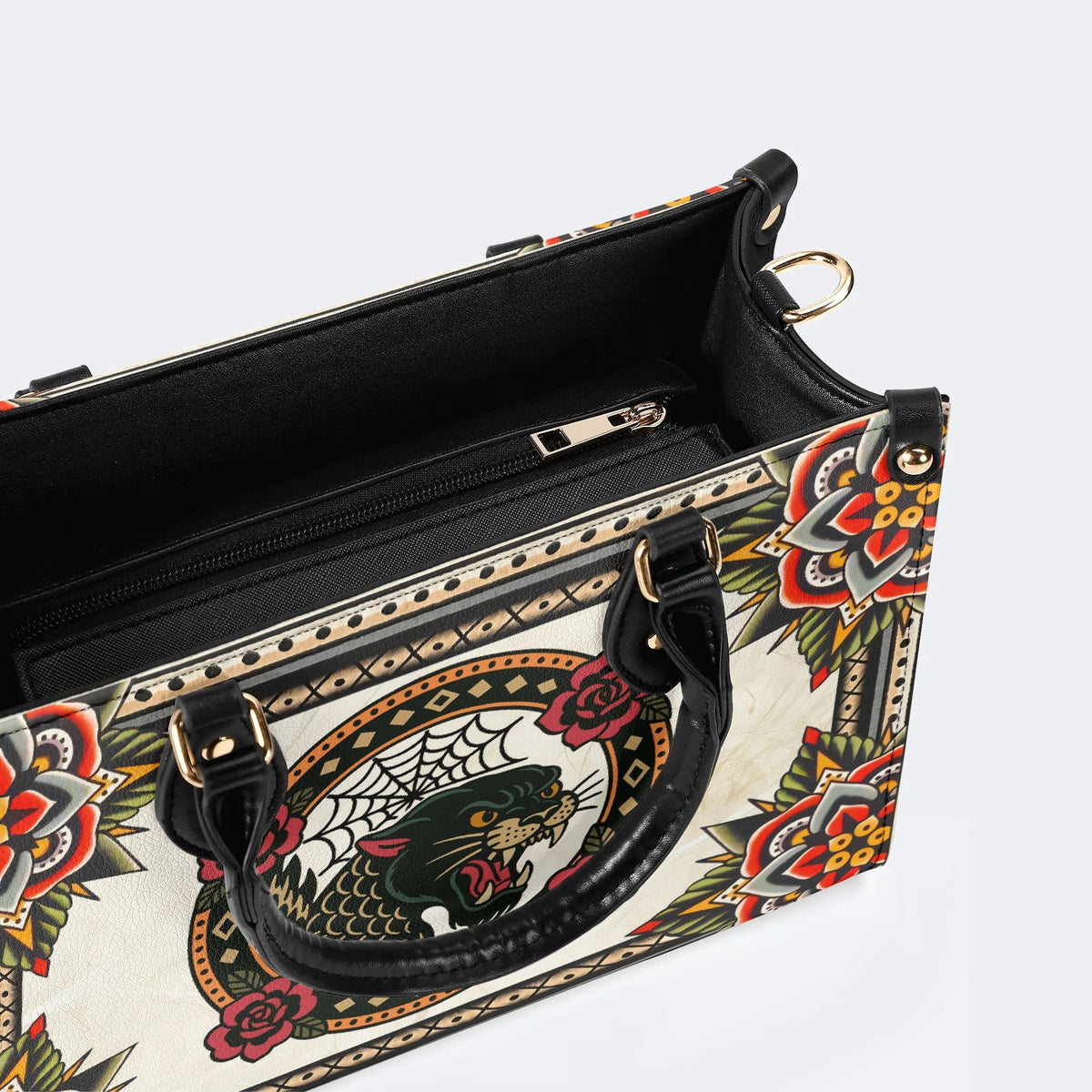 Black Panther Head Print - Leather Handbag