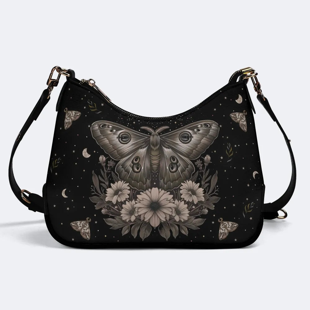 Retro Dark Moth Print - Leather Crossbody Bag
