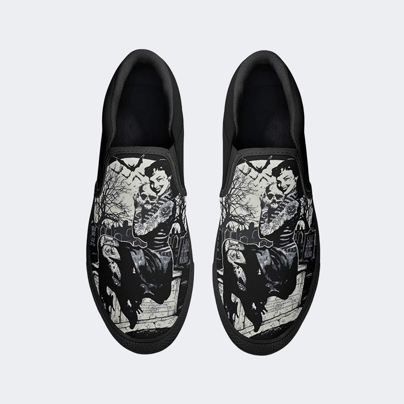 Unisex Retro Tattooed Girl Graveyard Skull Punk Print - Slip On Shoes