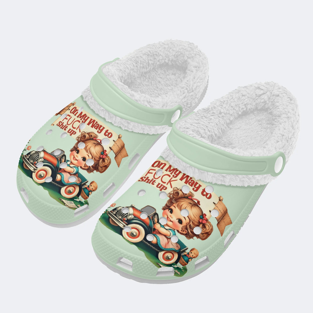 Vintage Girls Printed- Fur Lined Slippers/Sandals