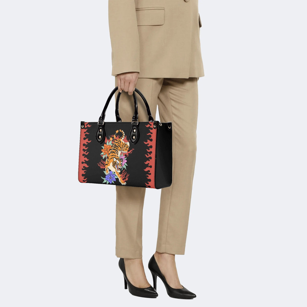 Old School Tiger and Flower Print - Leather Handbag