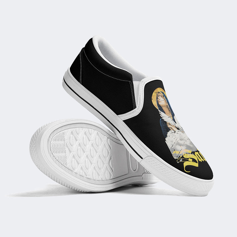 Unisex Retro Christ Virgin Mary Text Art Illustration Print - Slip On Shoes