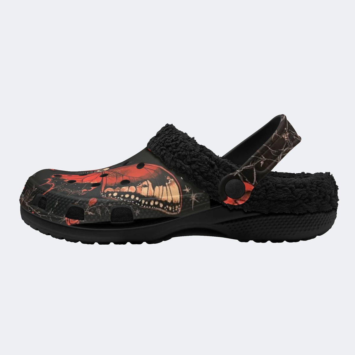 Skull Butterfly Rose - Fur Lined Slippers/Sandals