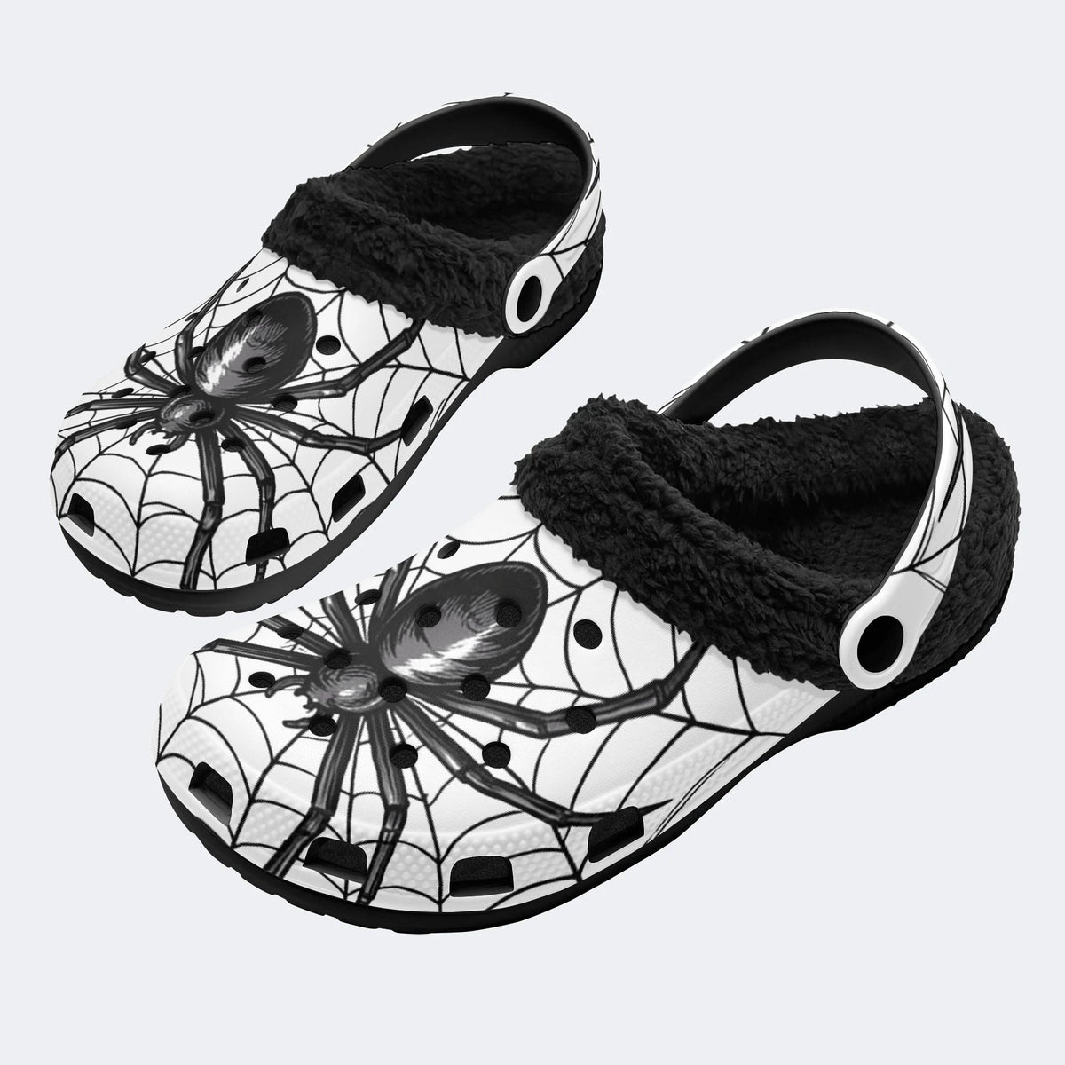 Gothic Black Spider Spiderweb White Base - Fur Lined Slippers/Sandals