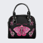 Pink Death Moth Print - Leather Shoulder Handbag