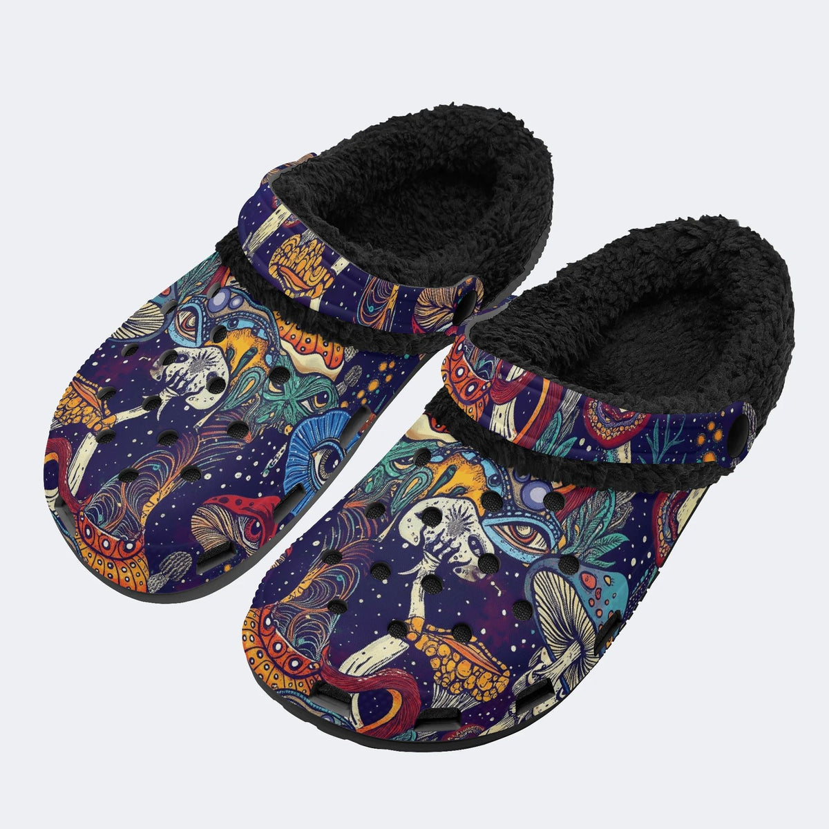 Gothic Occult Trippy Mushroom Cosmic Eye - Fur Lined Slippers/Sandals