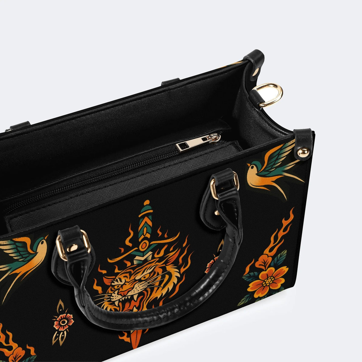 Old School Flame Tiger Print - Leather Handbag