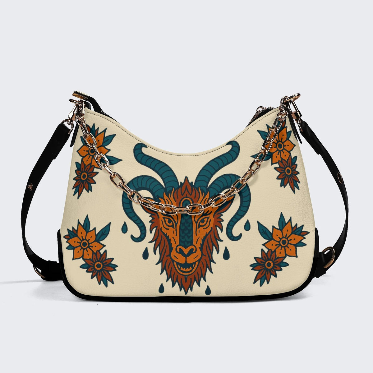 Four-horned Sheep Head Print - Leather Crossbody Bag