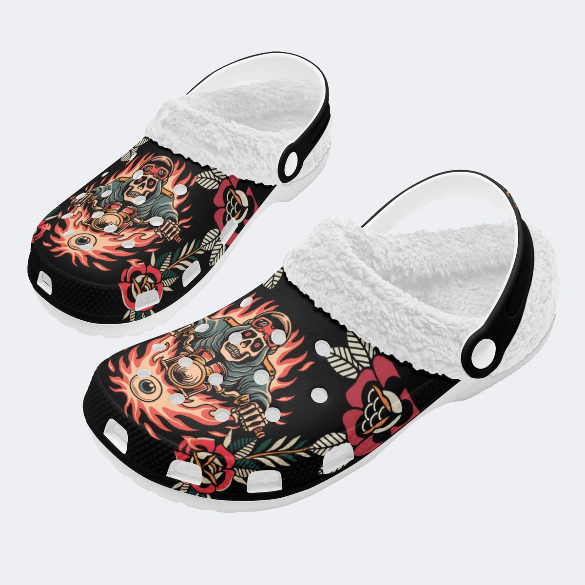 Skull Biker Print - Fur Lined Slippers/Sandals