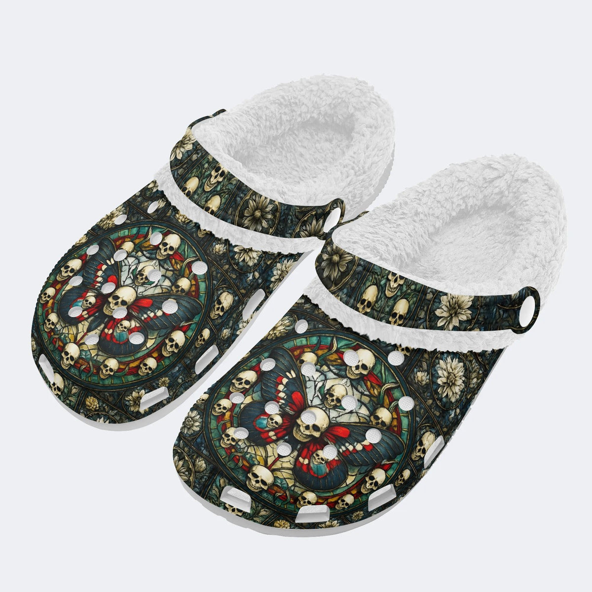Skull And Moth Print - Fur Lined Slippers/Sandals
