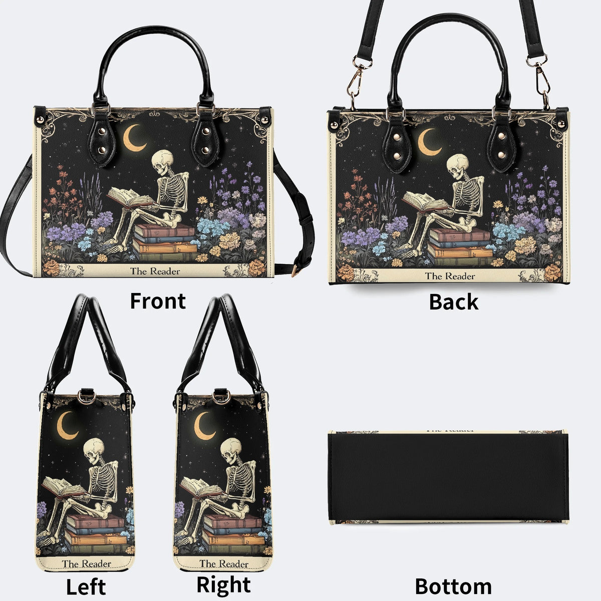 Skeleton Reading A Book Among Flowers - Leather Handbag