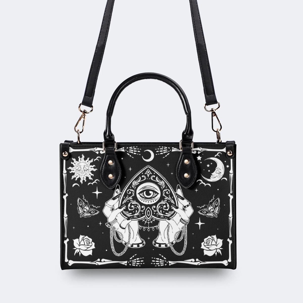 Poker Eyes And Moth Print - Leather Handbag