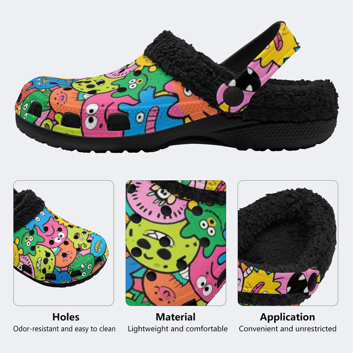 Vibrant Funny Monsters - Fur Lined Slippers/Sandals