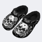 Gothic Monochrome Skull Rose Thorn‑Fur Lined Slippers/Sandals