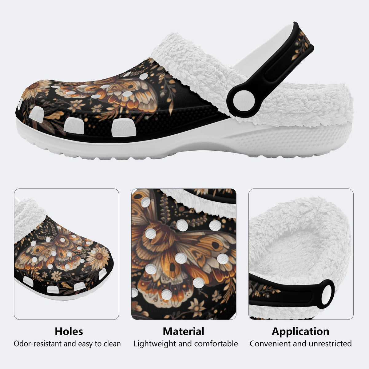 Vintage Moth Floral Print - Fur Lined Slippers/Sandals