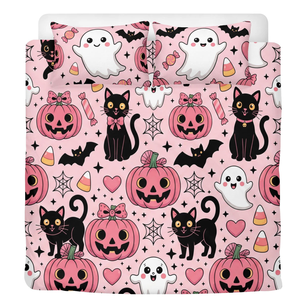 Kawaii Halloween Cat Art - Three Piece Bedding Set