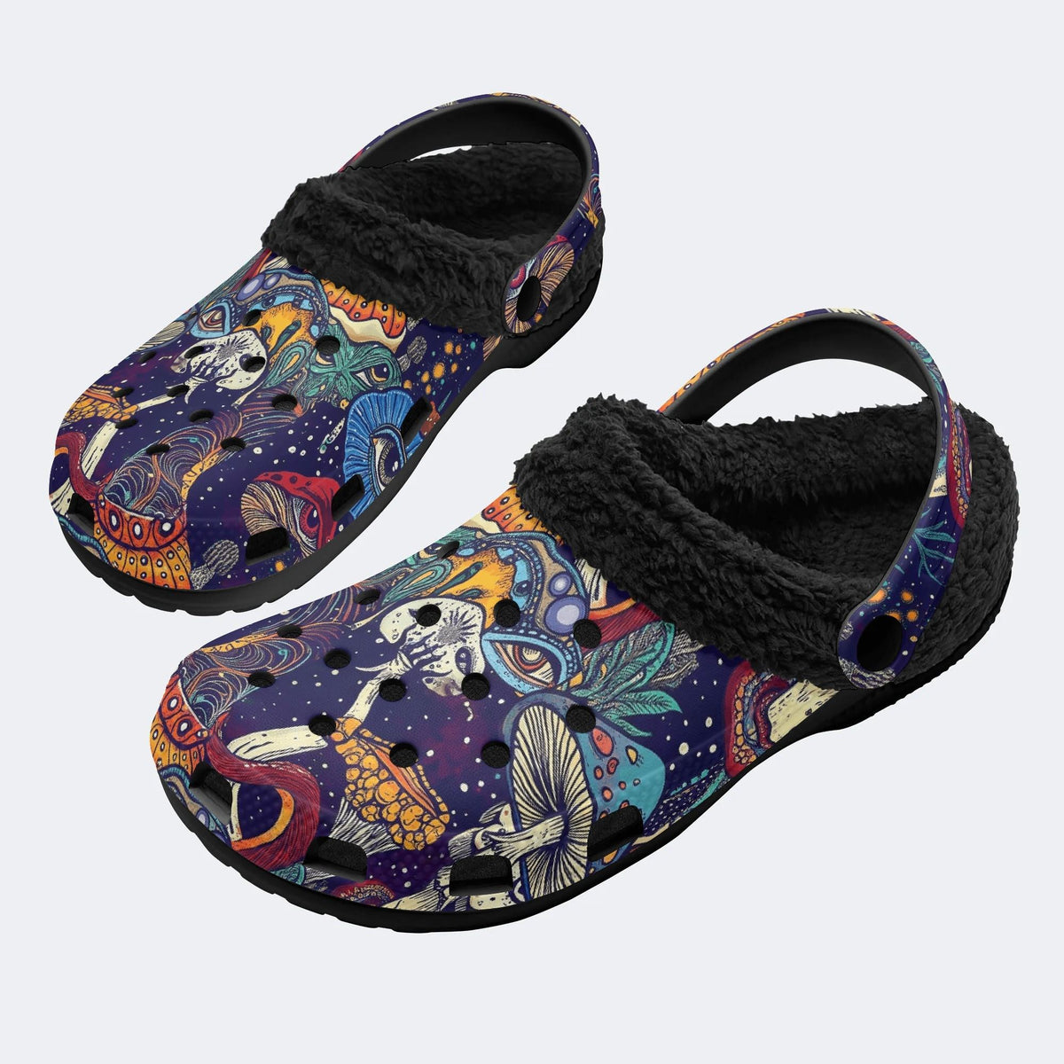 Gothic Occult Trippy Mushroom Cosmic Eye - Fur Lined Slippers/Sandals