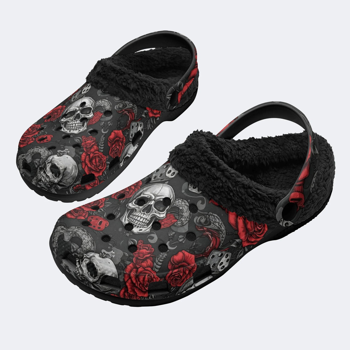 Gothic Rose Snake Skull‑Fur Lined Slippers Sandals