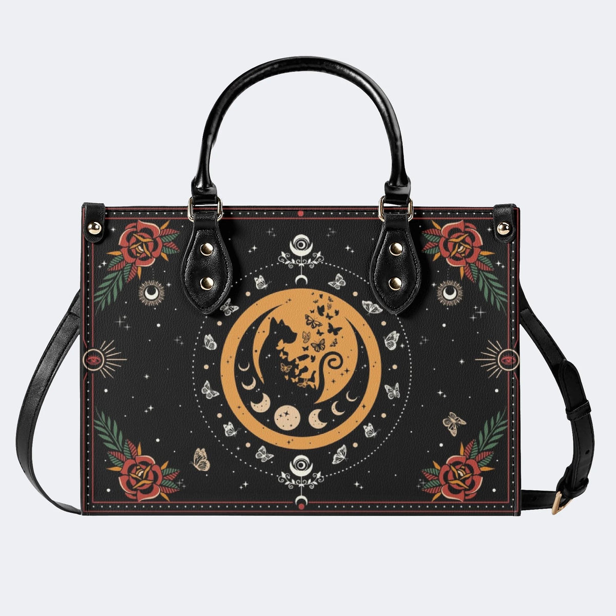Dark Retro Moon Cat And Moth Print - Leather Handbag
