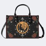 Dark Retro Moon Cat And Moth Print - Leather Handbag