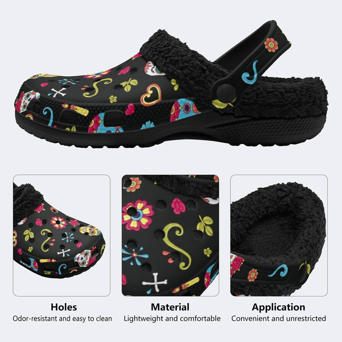 Dead Day Floral Skulls - Fur Lined Slippers/Sandals
