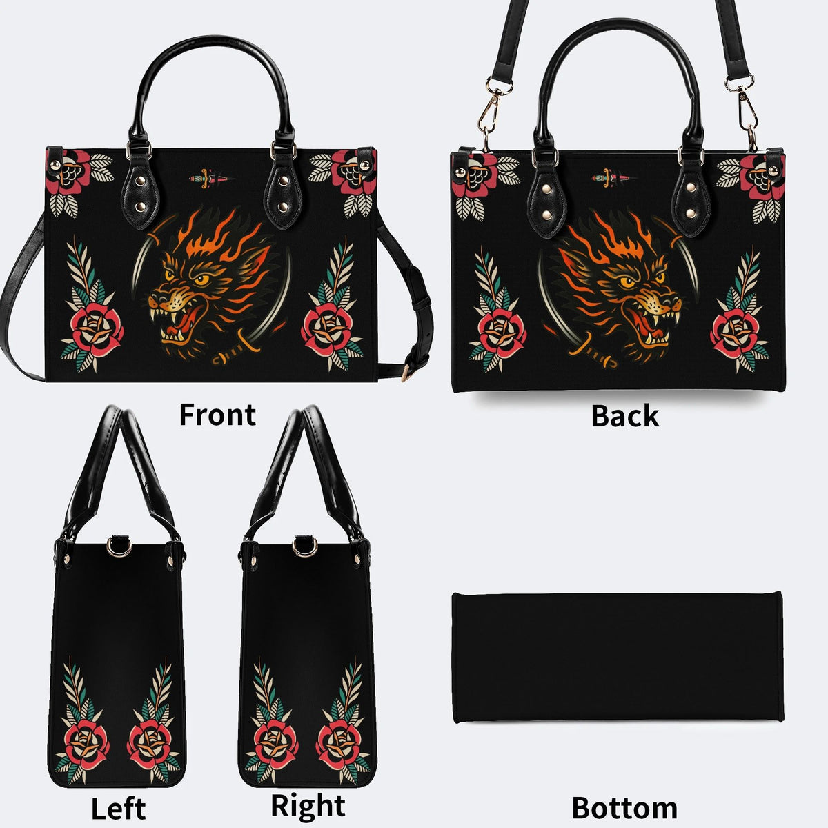 Wolf Head Print - Leather Handbag
