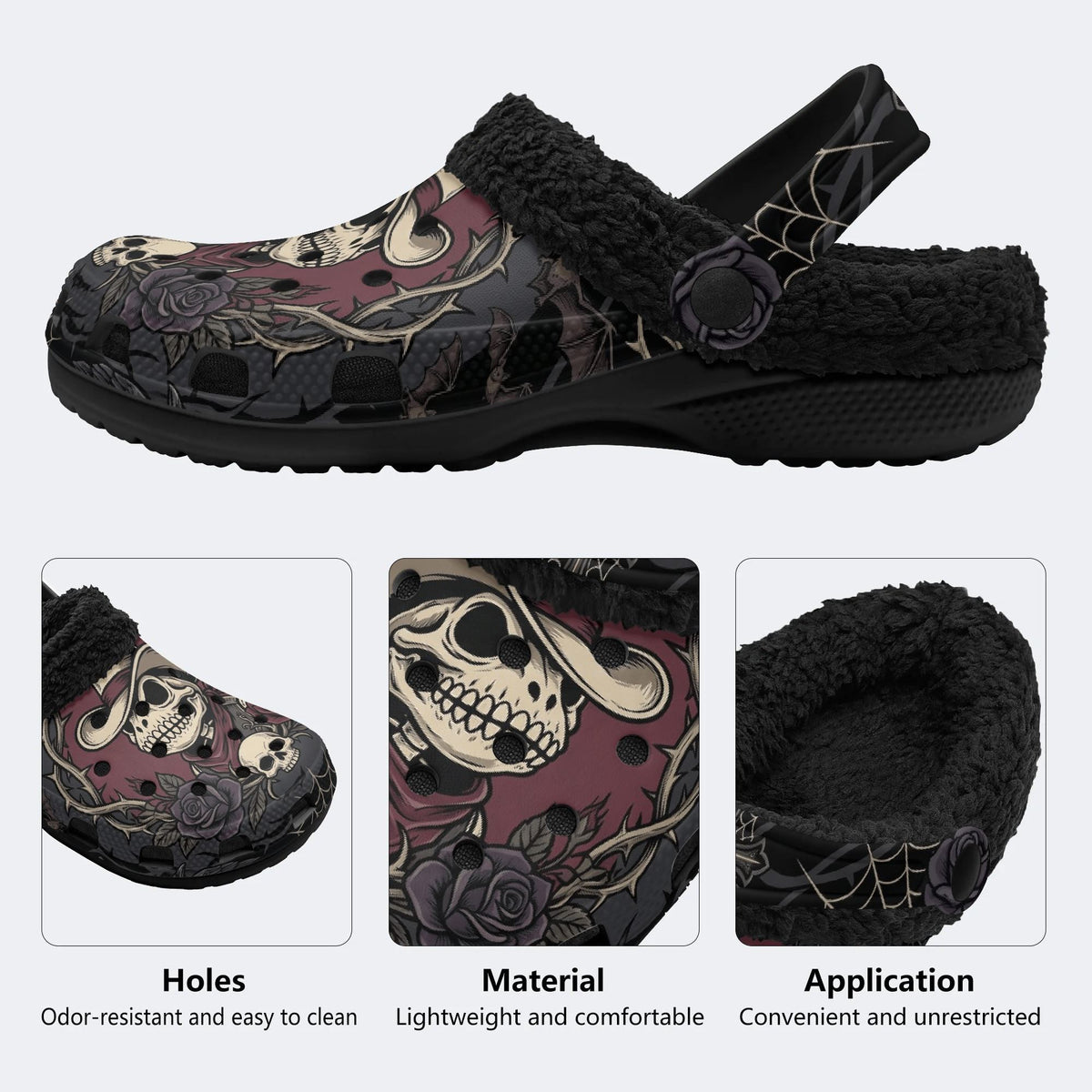 Gothic Cowboy Skeleton Thorn Rose Spider Web Cross‑Fur Lined Slippers/Sandals