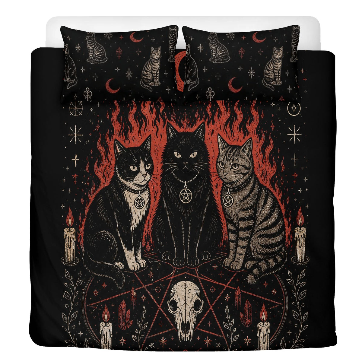 Witchy Skull Cats Print - Three Piece Bedding Set