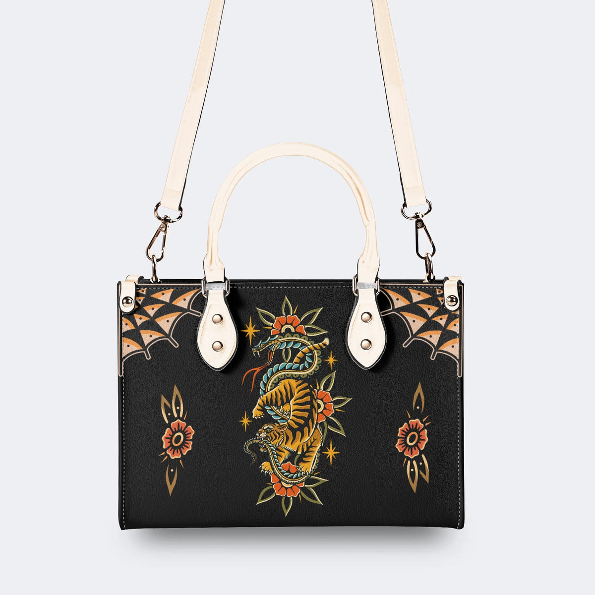 Vintage Snake And Tiger Print - Leather Handbag