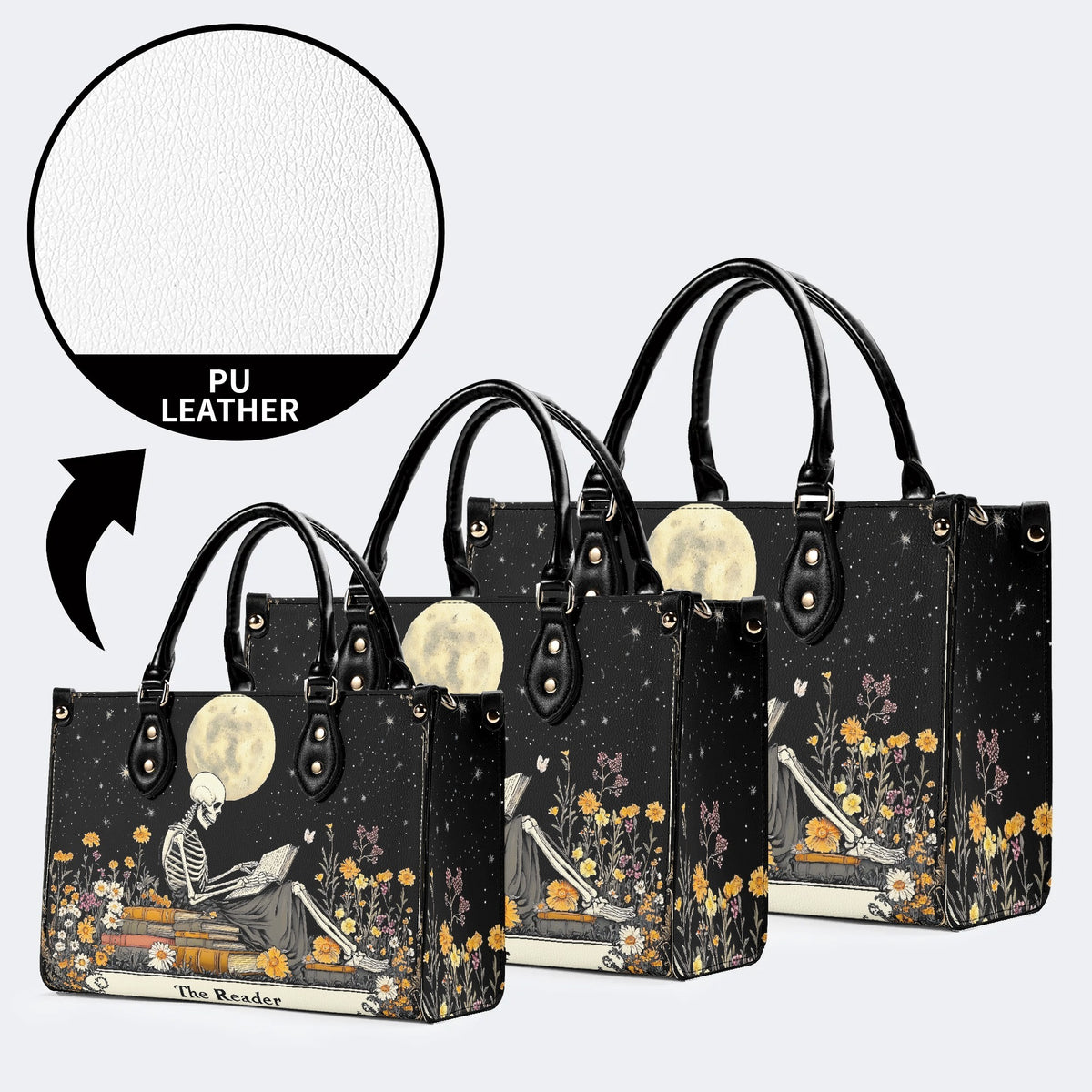 Skeleton Reading A Book Among Flowers - Leather Handbag