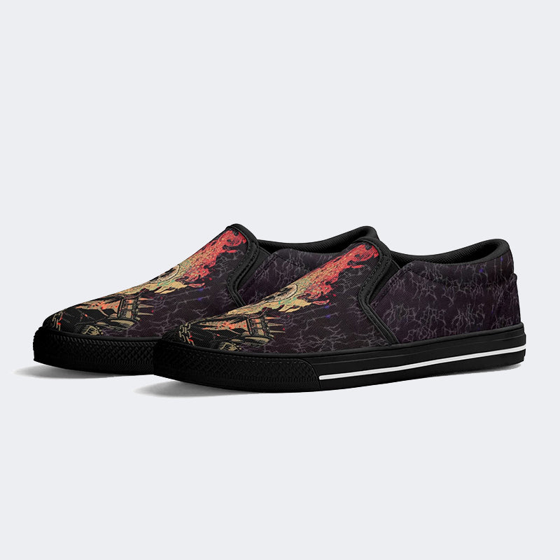 Unisex Punk Fire Skull Print - Slip On Shoes