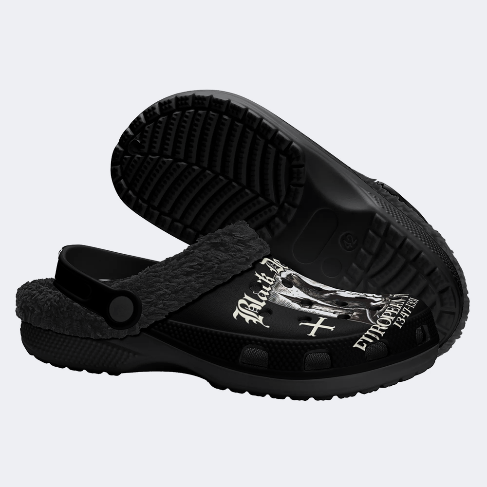 Black Death Print - Fur Lined Slippers/Sandals