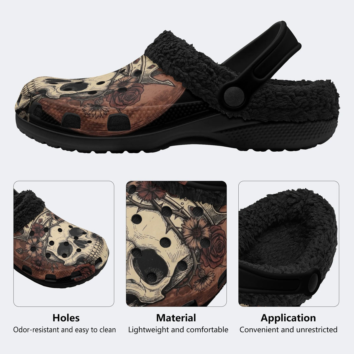 Skull Vintage Print - Fur Lined Slippers/Sandals