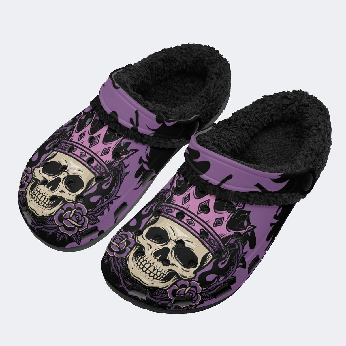 Gothic Crown Skull Purple Rose Flame - Fur Lined Slippers/Sandals