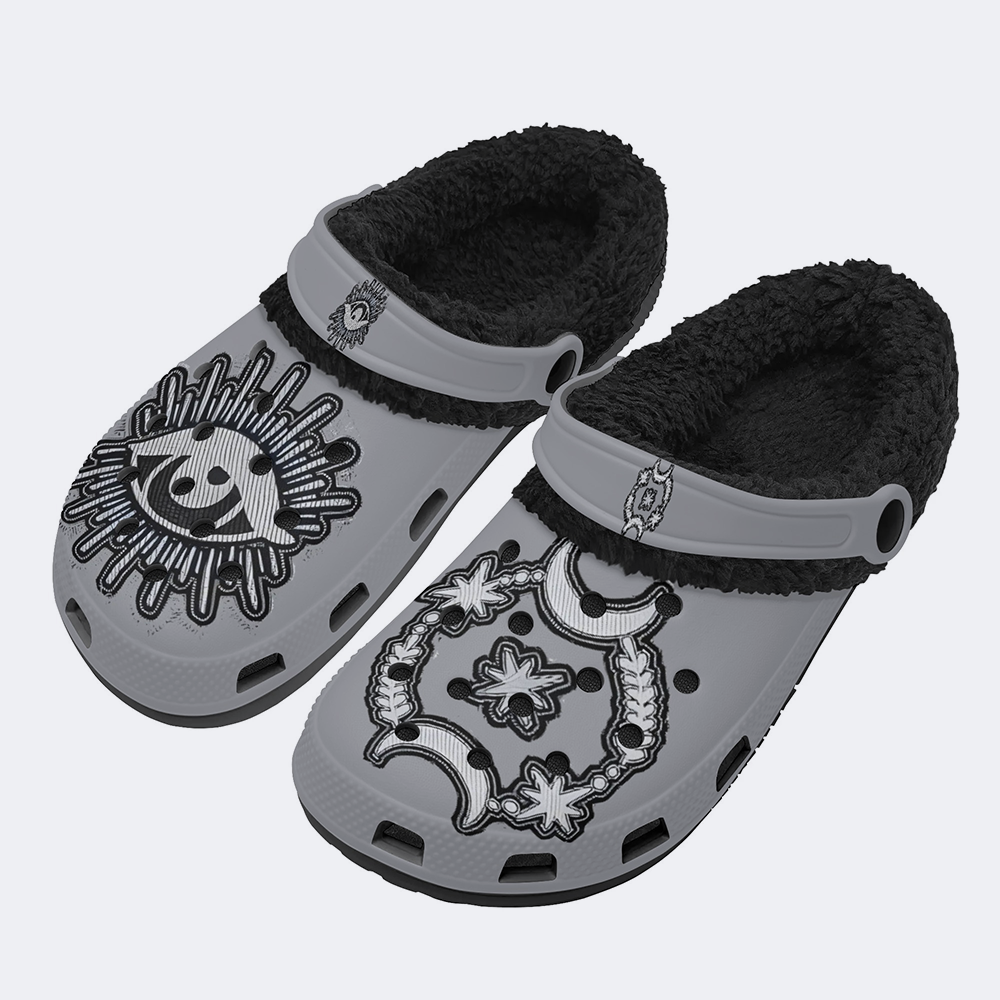 Moon&Star&Eye Faux Decal Print - Fur Lined Slippers/Sandals