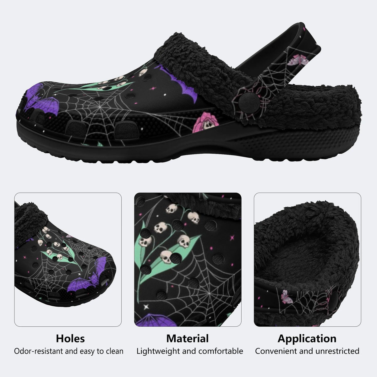 Gothic Bat Floral Skull‑Fur Lined Slippers Sandals