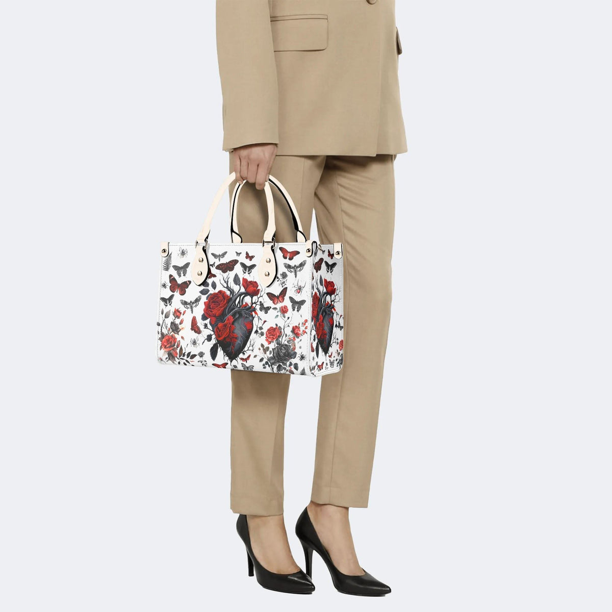 Heart Rose Butterfly Print - Leather Handbag