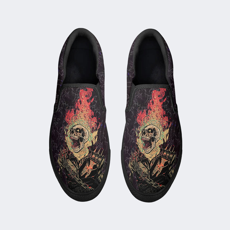 Unisex Punk Fire Skull Print - Slip On Shoes