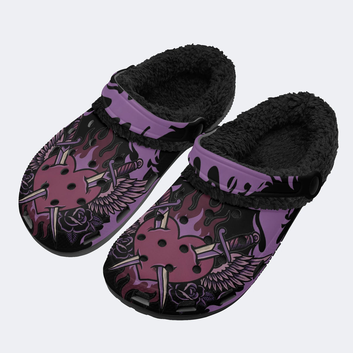 Gothic Dagger Winged Heart Rose Flame - Fur Lined Slippers/Sandals