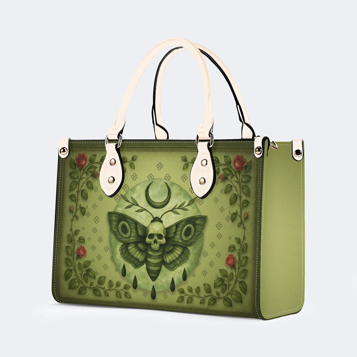 Green Death Moth Floral Print - Leather Handbag