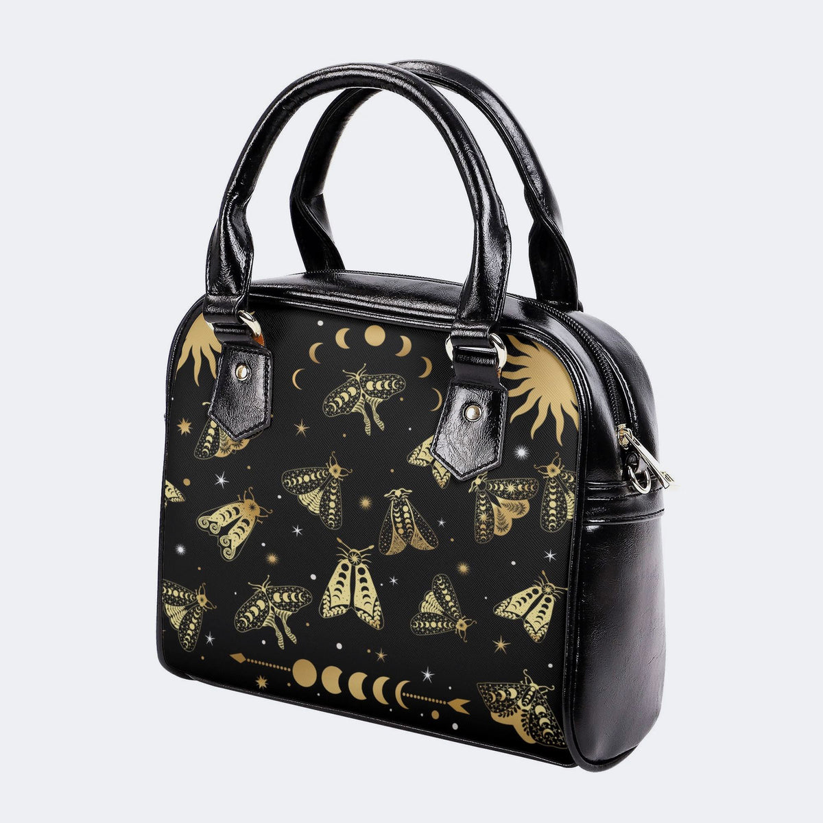 Vintage Dark Moth Print - Leather Shoulder Handbag