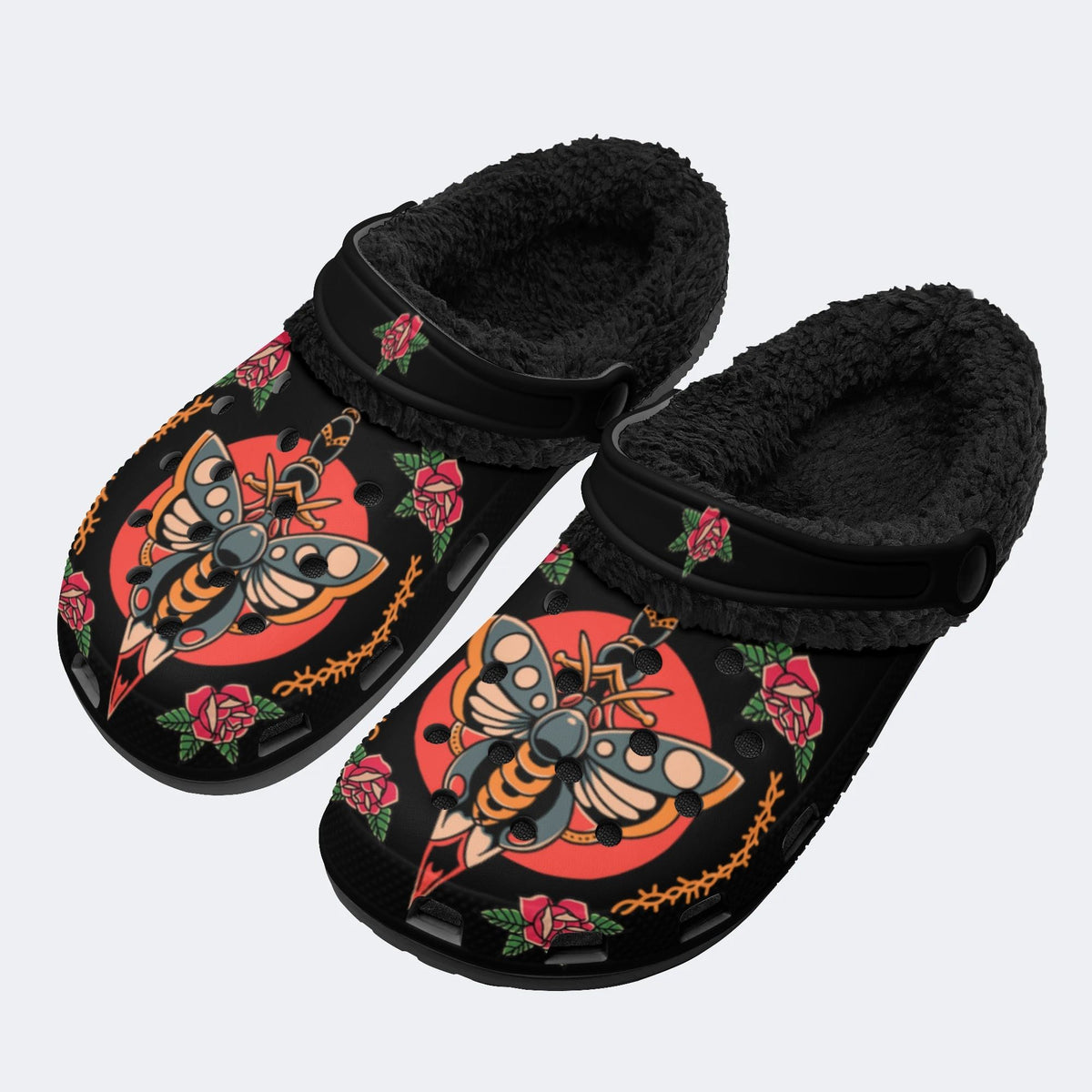 Old School Death Moth Dagger Print - Fur Lined Slippers/Sandals