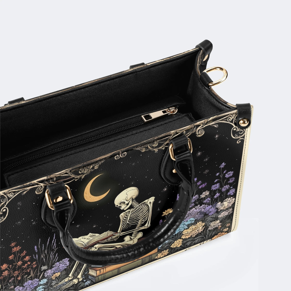 Skeleton Reading A Book Among Flowers - Leather Handbag