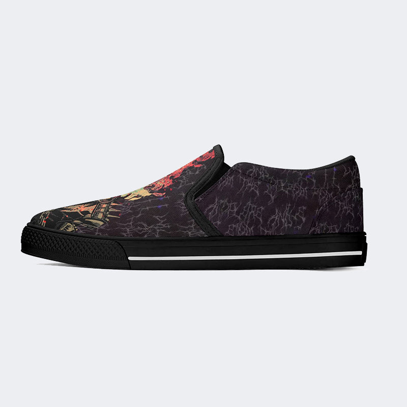 Unisex Punk Fire Skull Print - Slip On Shoes